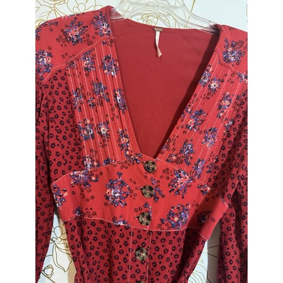 Free People Dress Small Don't Dare Red Mixed Print Mini Babydoll 014 - Picture 5 of 8